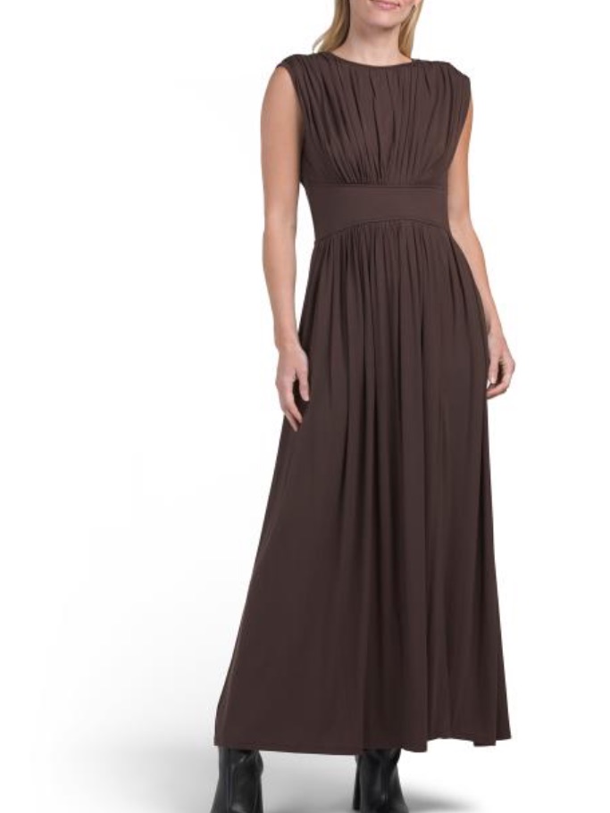 Taylor Sleeveless Brown Maxi Dress With Gathered Bodice